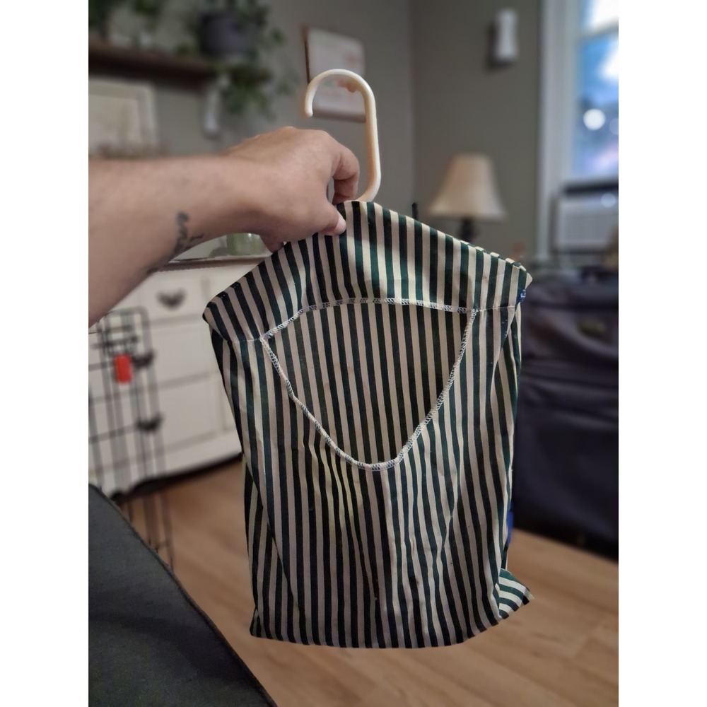 Vintage Green White Striped Hanging Clothespin Bag Laundry Storage Hanger Canvas